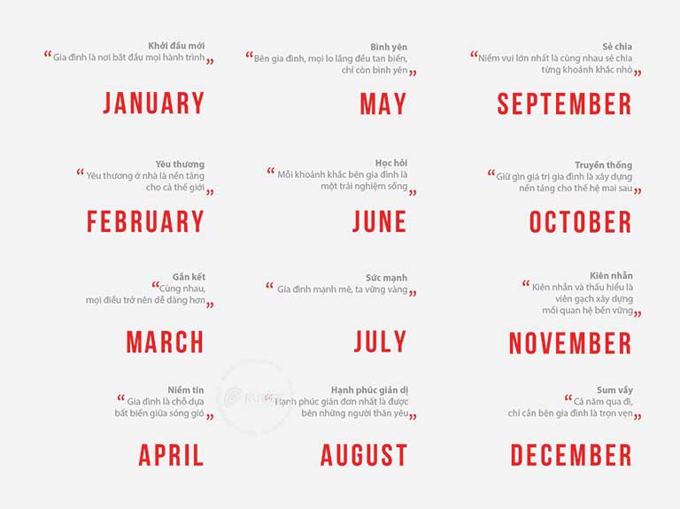 Tagline Lịch Tết Vedan 2026 của 12 tháng